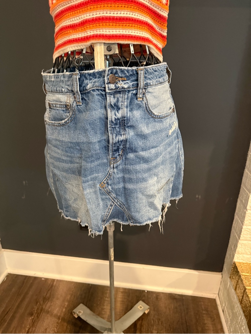 Washed Blue Distressed Denim Mini Skirt